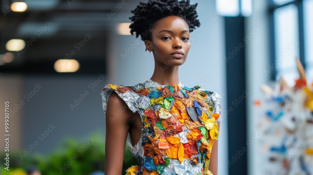 Wall mural Capture a designer showcasing a collection made from recycled materials and eco-friendly fabrics, promoting sustainable fashion choices