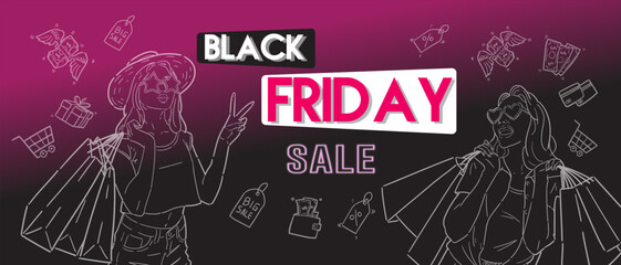 Black Friday sale promotion banner or flyer design with retro or pop art style illustration. Vector.