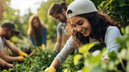 Capture a diverse group of people working together in a community garden, fostering inclusion and environmental stewardship