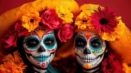 Obraz premium Two women wearing vibrant dresses with sugar skull face paint and floral decorations.