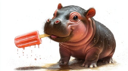 Cute baby hippo enjoying a red popsicle on a white isolated background.
