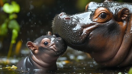 Hippo mother and baby bonding in a lush, serene water environment.