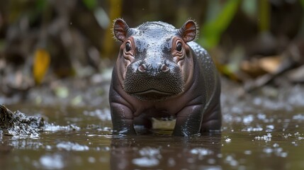 Hippo in water, natural habitat, vibrant surroundings, peaceful scene.