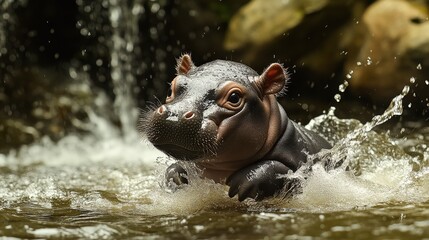 Fototapeta premium Young hippopotamus swimming in water, splashing around with joy.