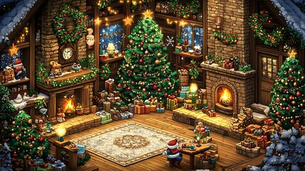Fototapeta premium A cozy cabin interior glows with Christmas spirit, a fireplace warming the room, and a tree surrounded by gifts.