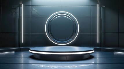 Futuristic Product Display Platform with Illuminated Circle and Neon Lights