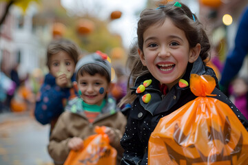 A photo of happy children in Halloween costumes holding orange bags filled with candy, Generative AI
