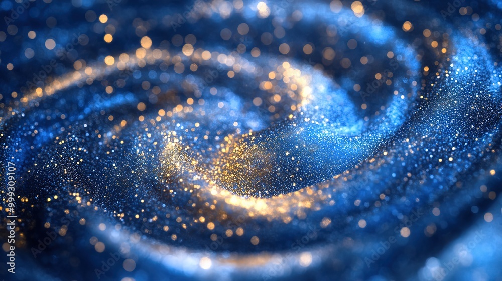 Poster blue and gold particle vortex with dynamic swirl and wind blowing effect in motion for artistic back