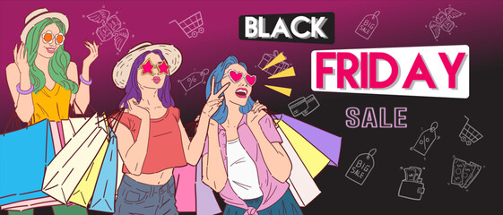 Black Friday sale promotion banner or flyer design with retro or pop art style illustration. Vector.