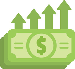 Green dollar banknote value increasing, upward trend arrows chart, financial success illustration