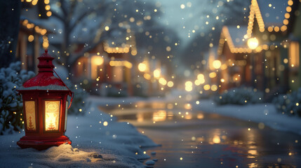 Obraz premium Red lantern with a candle glowing in the snow on a quiet, festive winter street