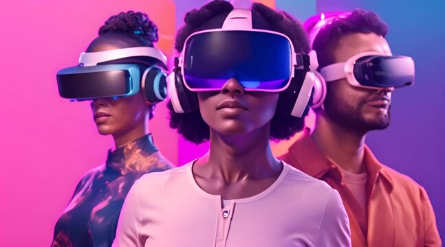 Three diverse people wearing VR headsets and looking in different directions.