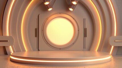 Circular Platform with Glowing Edges in an Abstract Geometric Room