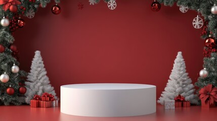 White Podium with Christmas Decorations and Red Background