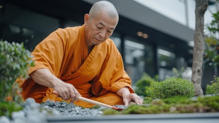 禅庭の手入れをする日本の僧侶：春の静寂とマインドフルネス