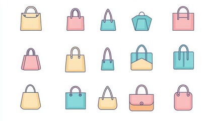 Bags thin line icon set. such as tote bag, shopping bag, handbag, backpack, paper bag, plastic bag, travel bag