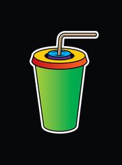 Fast food plastic cup with straw. Hot or cold drink. Original vector illustration in vintage style.