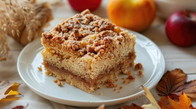 Homemade Apple Cramble Crisp Cake On White Plate With Autumn Leaves On The Background