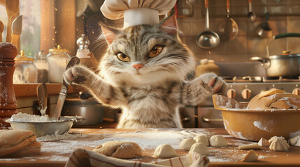 Fluffy cat chef baking with flour and dough in a cozy kitchen wearing a chef hat