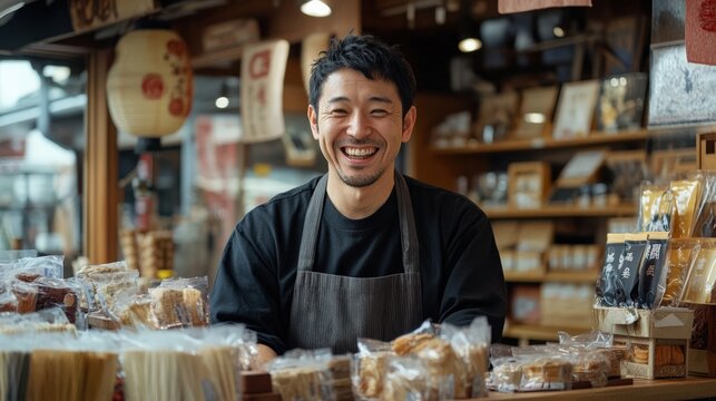 春の元気：伝統的な市場の雰囲気の中で笑顔を見せる日本の小売店従業員