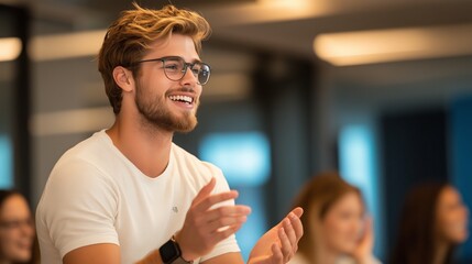 A seminar presenter enthusiastically interacting with participants, who are smiling and clapping. The well-lit room reflects the positive energy and engagement of the attendees. 