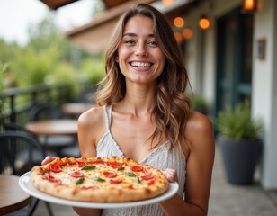 A pretty happy young girl holding a pizza