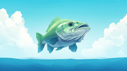 A large green fish jumps out of the water, its mouth open wide.