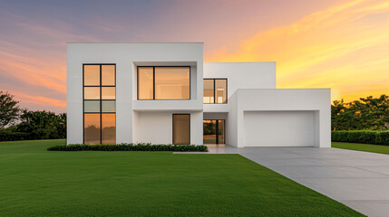 Modern white two story house with large glass windows and beautiful sunset