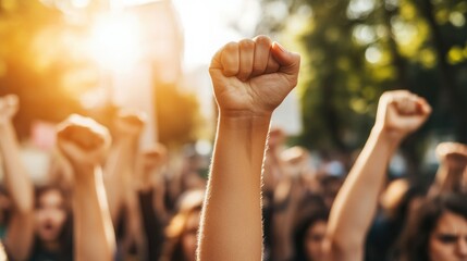 Close up of United Hands Raised in Solidarity at a Public Demonstration, Unity and Community Strength Concept