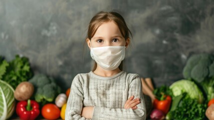 Portrait of a young girl wearing a protective face mask surrounded by a variety of fresh immunity boosting fruits and vegetables