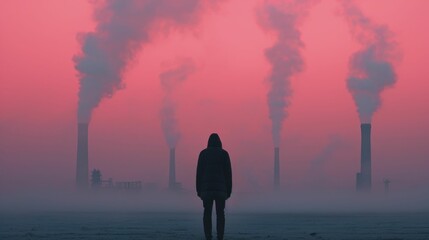 Fototapeta premium Silhouetted person standing amid heavy industrial emissions symbolizing the overwhelming impact of pollution and environmental crisis on humanity and the world around us
