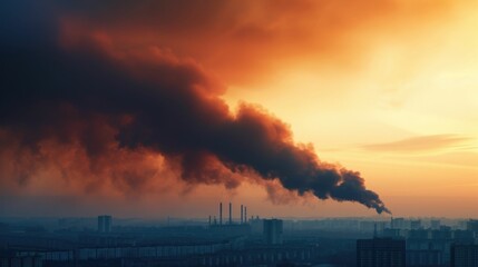 Obraz premium Dramatic and Ominous Pollution Cloud Drifting Over a Populated Urban Skyline at Fiery Sunset Highlighting Environmental and Industrial Issues