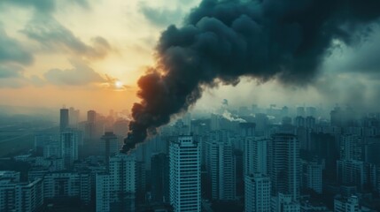 Dramatic aerial view of a thick ominous cloud of pollution drifting over a densely populated urban landscape with high rise buildings and skyscrapers at sunset