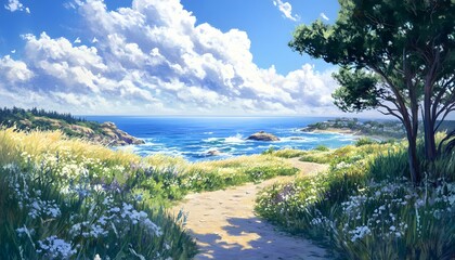 A Winding Path Leading to a Coastal View with Blue Skies and Fluffy Clouds