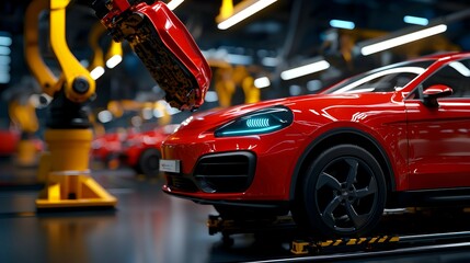 Obraz premium Automated Car Production Line Robot Arm Assembling Red Luxury SUV