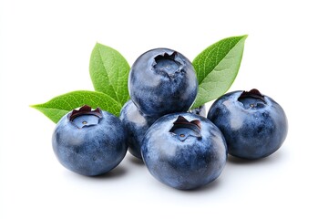 Fresh blueberries with blueberry leaves isolated on white background.
