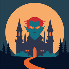 Dracula castle in the forest. Halloween character. Vampire face as part of castle. Halloween spooky haunted castle, trees and a full moon