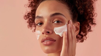 Radiant Woman Demonstrating Skincare Routine with Moisturizing Cream for Clear Skin in Studio Shot
