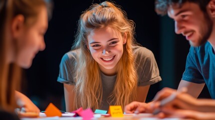 A team of participants collaborating on a workshop activity, with smiles and engaged body language, their ideas illuminated by studio lighting. 