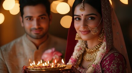 Portrait of a newly married young Indian woman in a vibrant burgundy bridal lehenga with intricate designs and a young Indian man in a soft grey sherwani, both adorned with fresh flower garlands