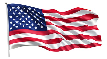 A close-up of the American flag waving in the wind. The flag is red, white, and blue, with 50 stars representing the 50 states.