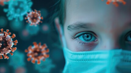 Close up digital rendering of animated germs and viruses surrounding a child s face visualizing the hidden invisible threats to health and well being