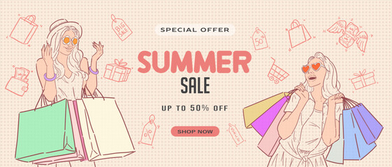 Summer sale promotion banner or flyer design with retro or pop art style illustration. Special offers Summer Sale, Sale up to 50 % off. Vector.