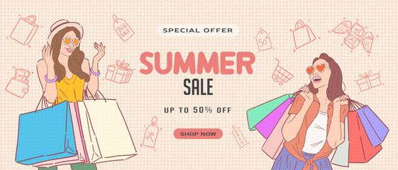 Summer sale promotion banner or flyer design with retro or pop art style illustration. Special offers Summer Sale, Sale up to 50 % off. Vector.