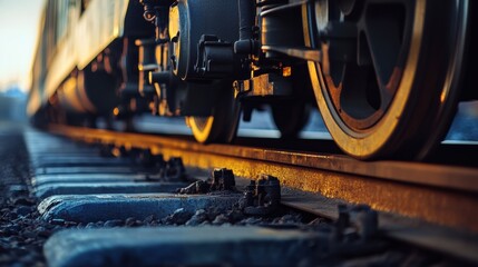 Fototapeta premium Close-Up of Train Wheels on Train Tracks at Sunset