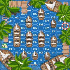 Sea battle. Sailing warships. Board game. Hexagons. Vector illustration.