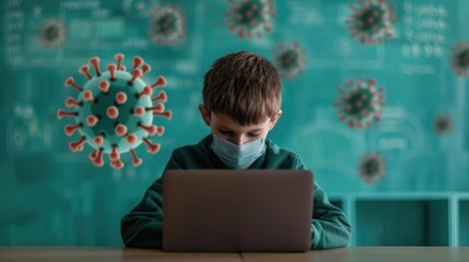 Image depicting a child in a classroom setting with virus icons surrounding them highlighting the need for school environment safety and the shift towards remote learning during the COVID 19 pandemic