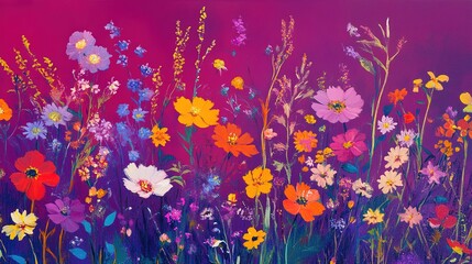 Colorful wildflowers of the meadow on a purple red background 