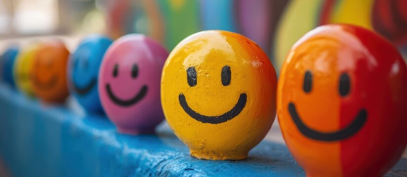A row of colorful smiley faces, painted on round objects, representing optimism and happiness.