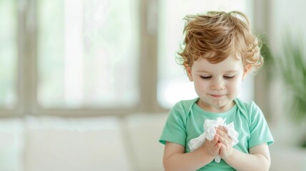 Cheerful young child cleaning their hands with disinfecting wipes promoting regular disinfection and healthy hygiene practices for virus and germ prevention  Blurred background with airy